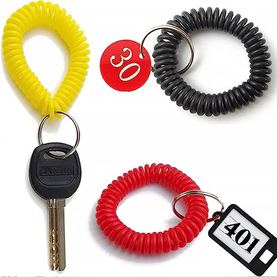 Porte-clés Spiralé Bleu Clair – Lot De 4, Bracelet De Poignet Extensible En Plastique Et Métal