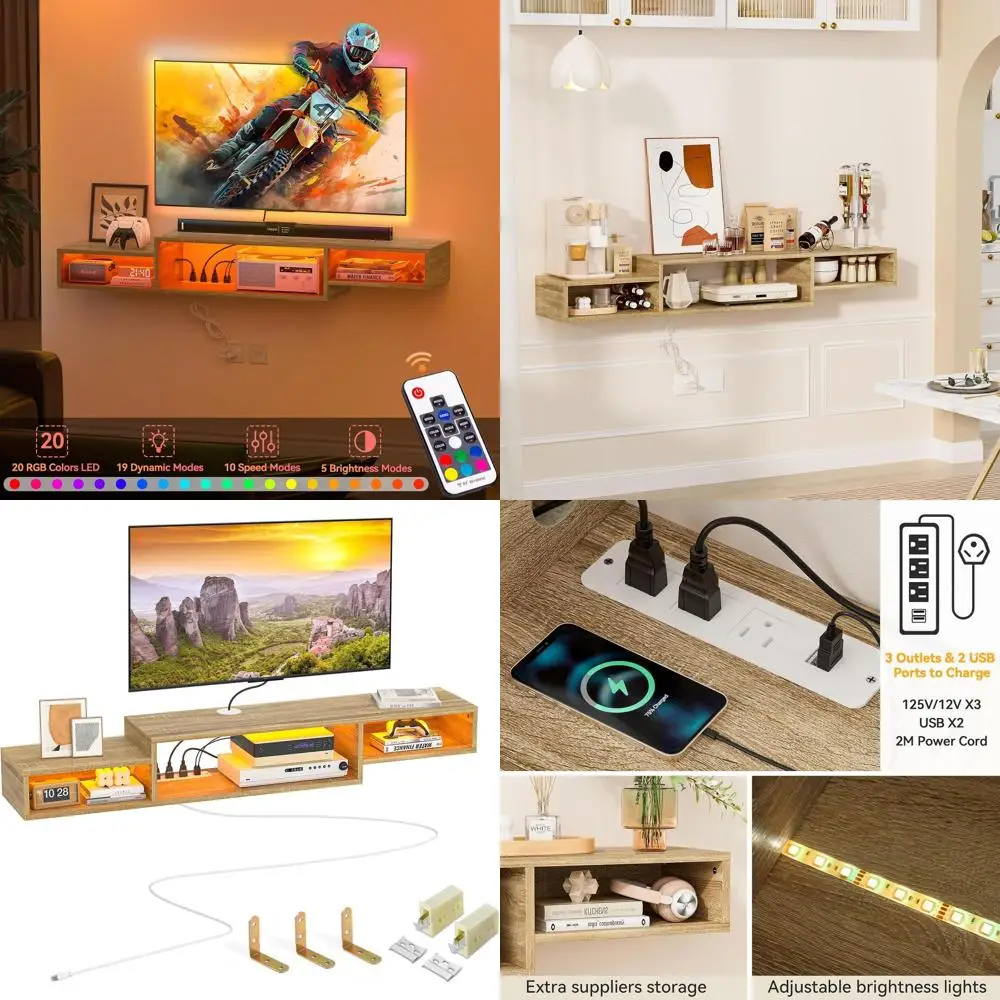 

59-inch Floating TV Stand with LED Lighting, Power Outlet, and Storage Shelves for Living Room, Natural Oak Finish