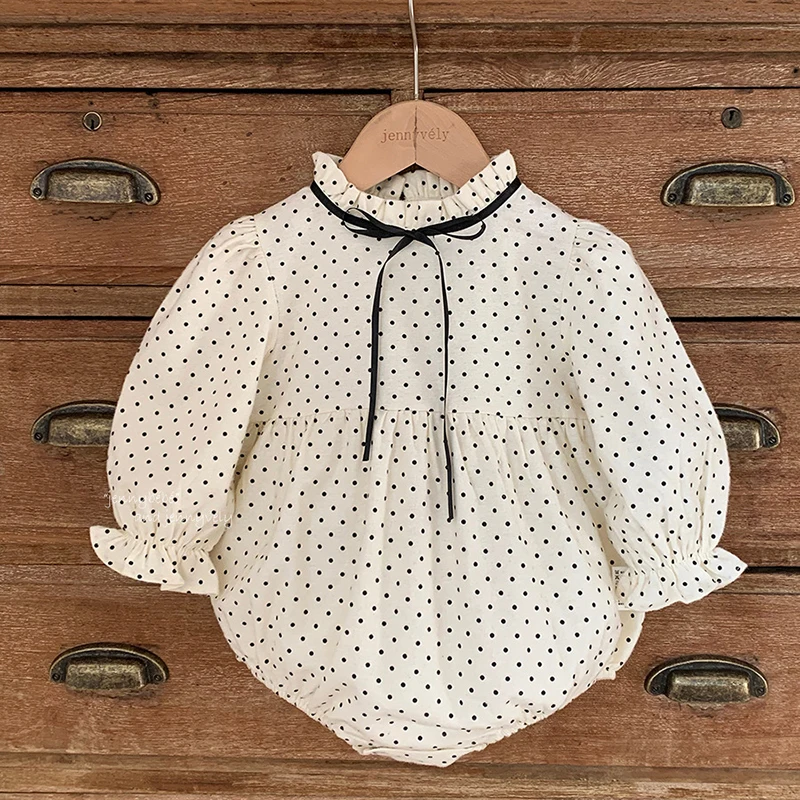 

Новинка 2023 года, осенняя одежда для маленьких девочек 0-24 месяцев, боди для новорожденных девочек, хлопковый комбинезон с длинными рукавами в горошек для маленьких девочек