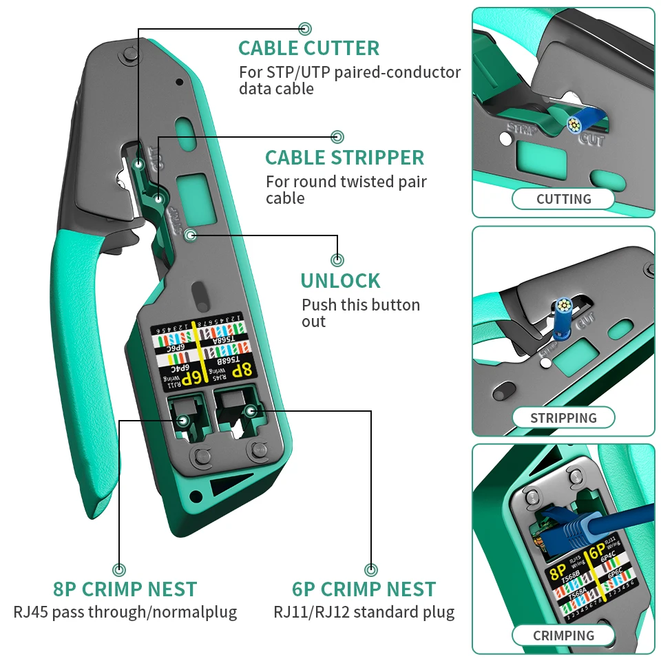 RJ45 Crimp Tool Kit Pass Cat6 Crimping Tool For Cat5 Cat5e Cat6 8P8C Connector, All-in-one Ethernet Crimper