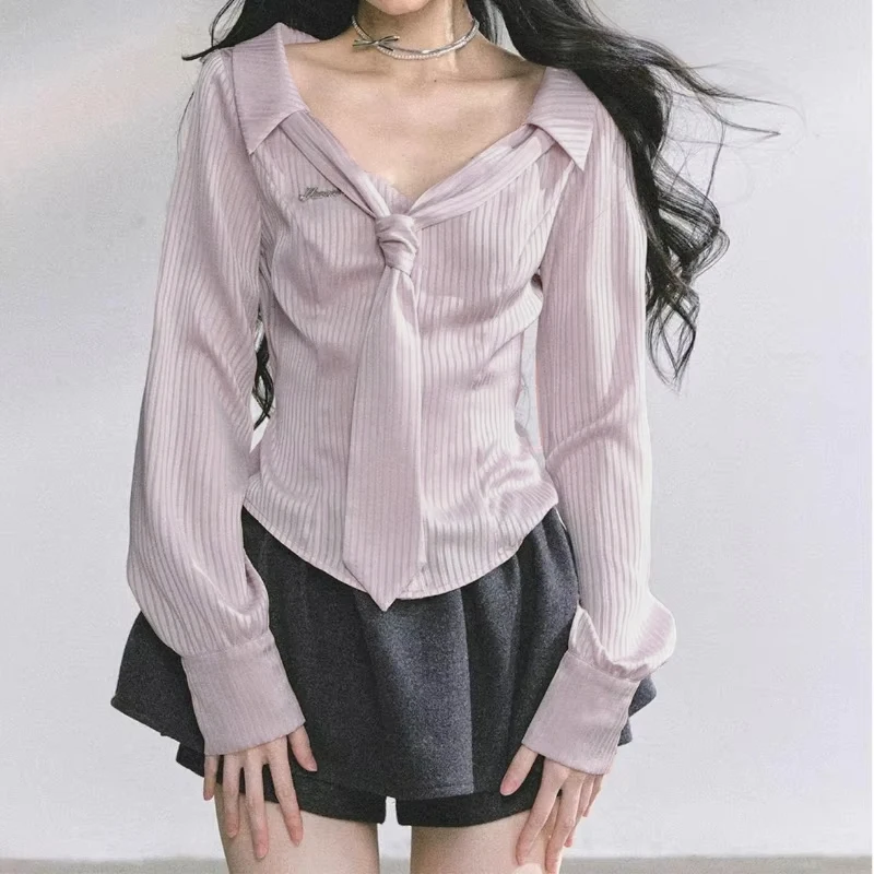 

Deeptown Pink Striped Shirts Women Elegant Sweet Long Sleeve Lace Up Blouses Korean Fashion Slim Waist-Cinching Preppy Casual