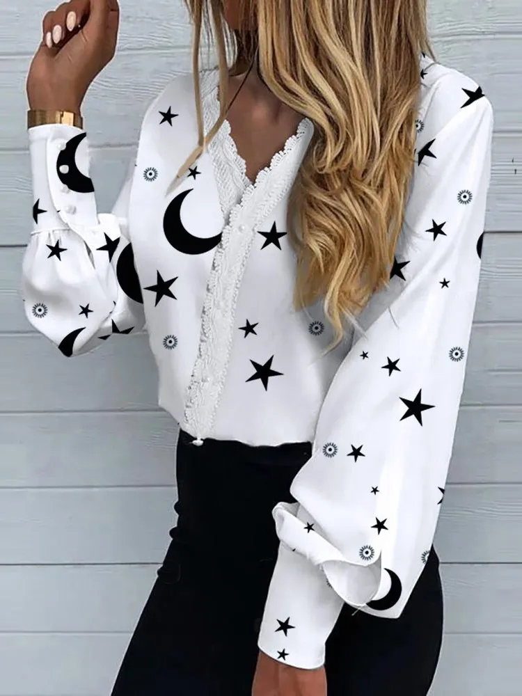 2024 New Fashion Women Top Sweet Love Heart Painting Print Long Sleeve White Shirt Fashion Sexy Lace V-Neck Blouse Chic Top