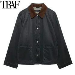 TRAF Corduroy Jacket Womens Jacket  Autumn Demi-Season Women Casual Long Sleeve Solid Coats Winter Button Bomber Woman Jackets