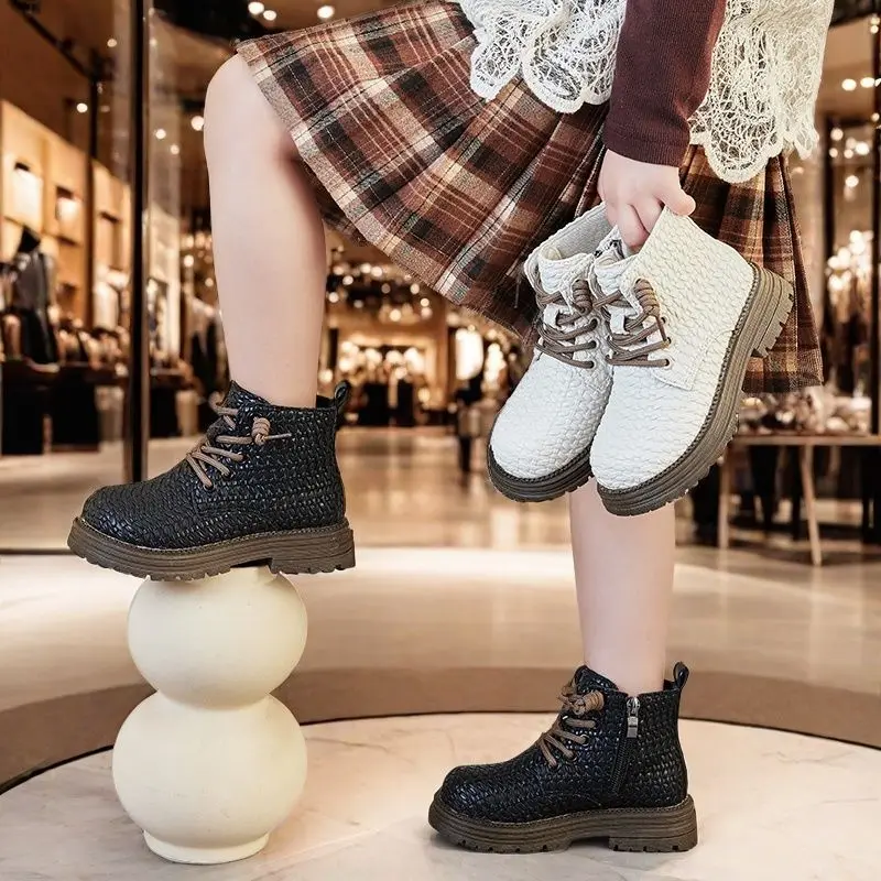 Kids'Boots Solid Color PU Leather Fashion Autumn Flat Shoes For Children Anti-slip Breathable White Black Designer Size 26-36