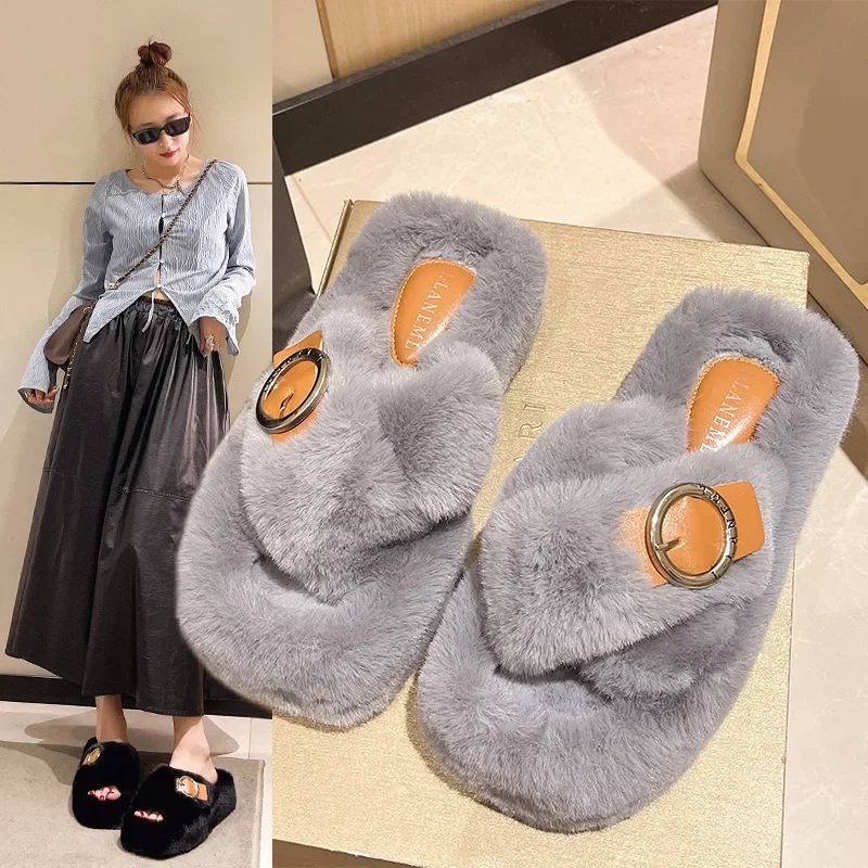 Winter Slippers Women Flip Flops Fashion Cross Fluffy Fur Slipper Home Slides Woman Buckle Thick Sole Flat Indoor Slippers