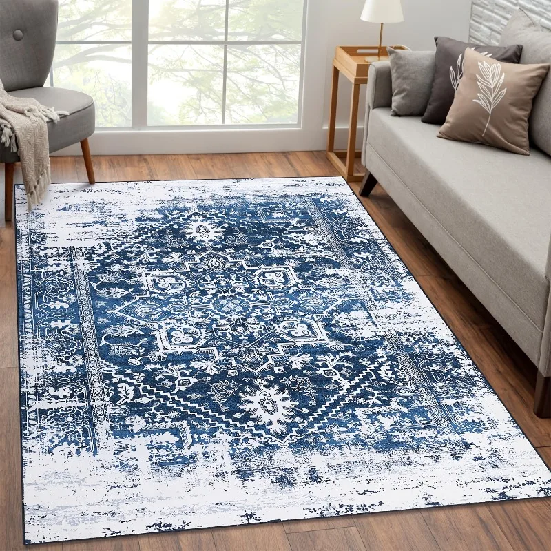 

Vintage Blue White Distressed Floral Mat Non-Slip Rubber Backing, for Living Room, Bedroom, Kitchen, Entryway, Bedroom Decorat