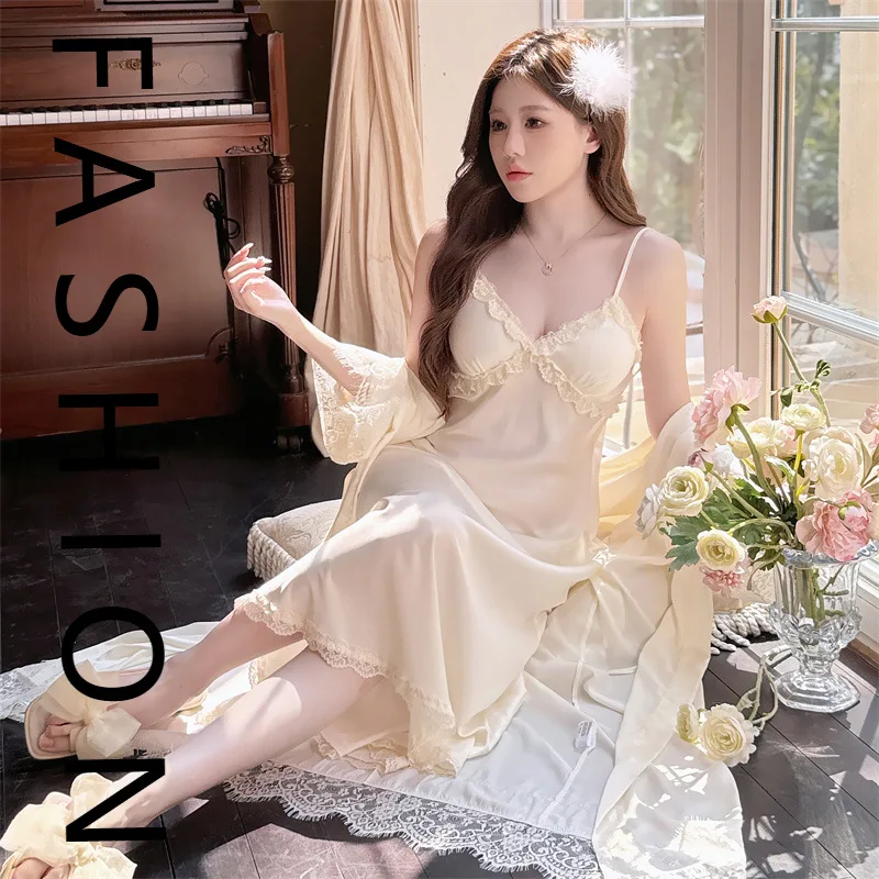 

French ice silk pajamas women's spring and autumn v-neck dress robe two-piece set of pure desire sexy back nightdress with chest