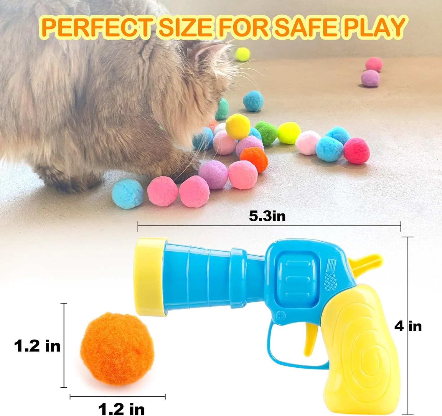 Pet Cat Interactive Toy Gun Launcher, Soft Fuzzy Pom Pom Balls Set, Indoor Kitten Exercise Game Toy for Cats Playing Training