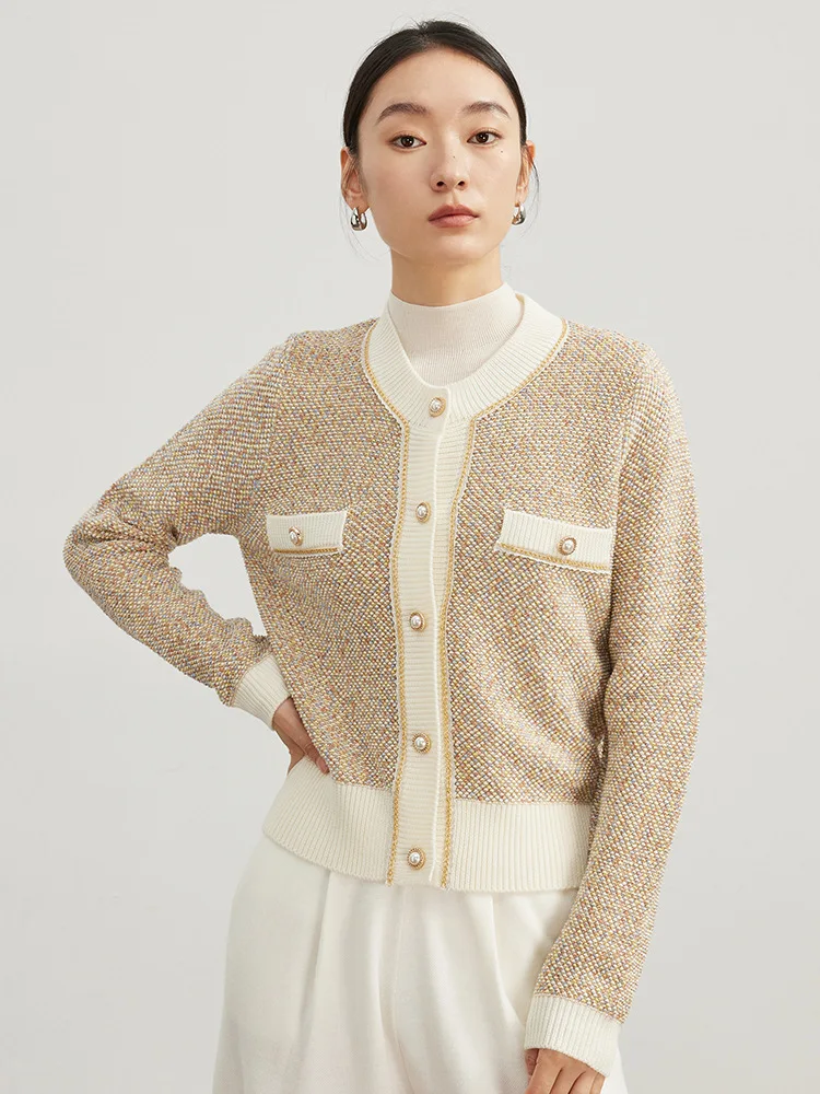 SuyaDream Woman 100%Merino Wool Cardigans Singe Breasted Chest Pockets Melange Knitted Jackets 2023 Fall Winter Sweater Beige