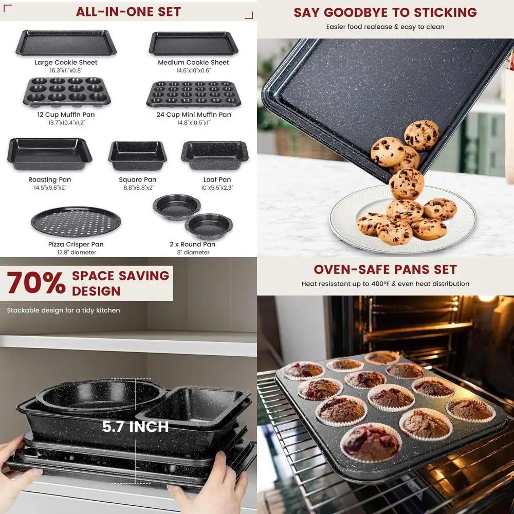 

Набор посуды для выпечки из 10 предметов, антипригарные формы для запекания, набор для приготовления в духовке, штабелируемый набор из углеродистой стали, включает противни для печенья, формочки для кексов