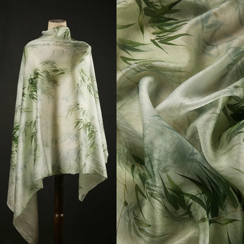 Tela de Lino con Estampado de Hojas de Bambú, 100cm x 150cm, Impresión Digital, Estilo Chino, Primavera/Verano, Material para Camisas Hanfu/Qipao, para Confección DIY