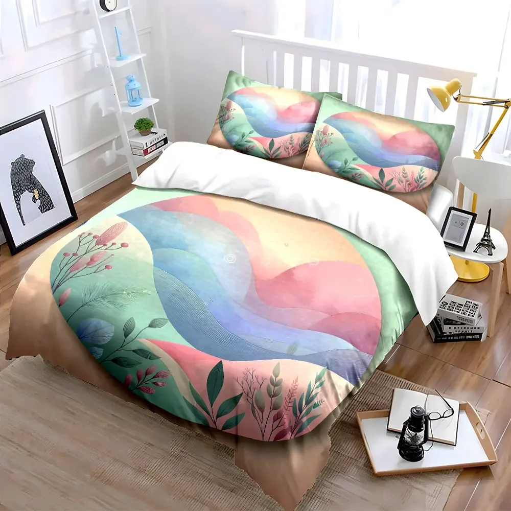 3Pcs Pastel Mountain Bedding Set, Watercolor Abstract Landscape Print Duvet Cover + 2 Pillowcases, Home Minimalist Nature Decor