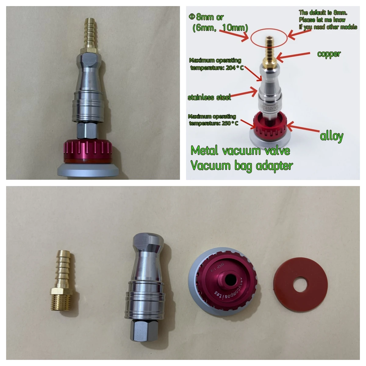 

Self sealing metal vacuum valve nozzle, reusable vacuum bag connector, red base, carbon fiber resin injection， vacuum process.