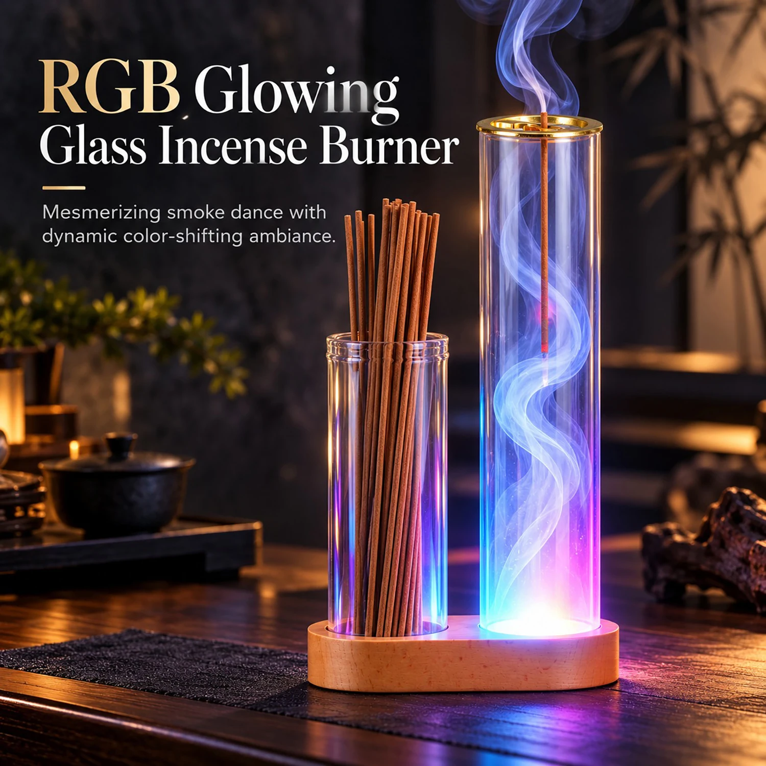 Glowing Glass Incense Burner RGB 2 in 1 Incense Holder for Sticks with Sticks Organizer Anti-Ash Incense Sticks Holder for Yoga