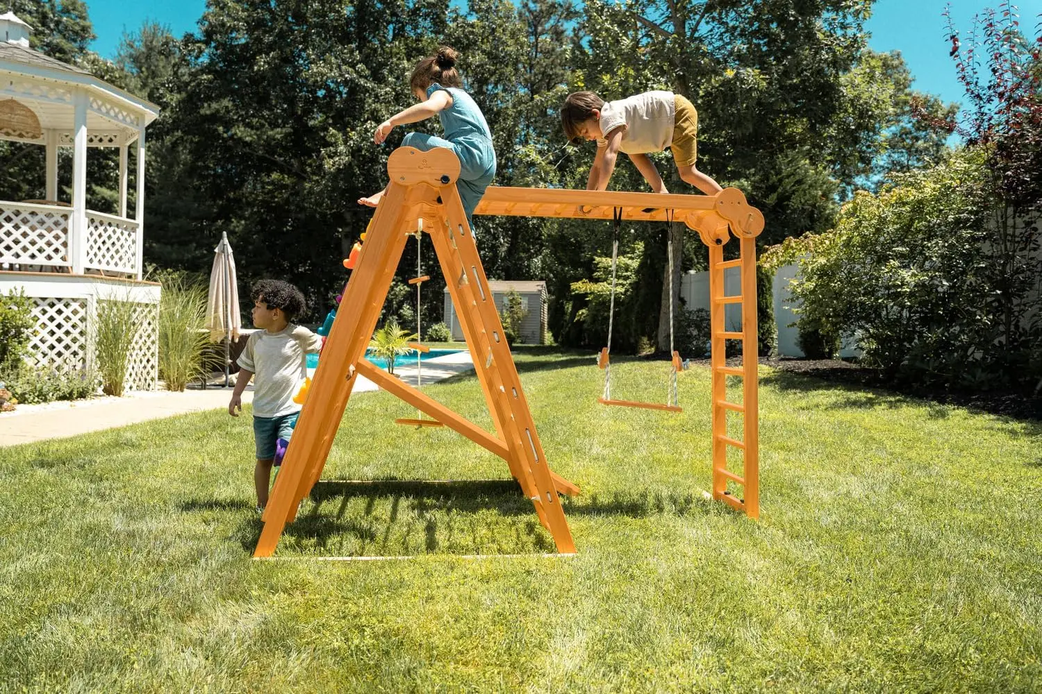 Indoor/Outdoor Foldable Playset for Kids - with Slide, Climbing Wall, Monkey Bars, Swing