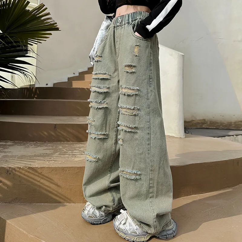 Spring Fall Teenager Girls Vintage Ripped Wide-leg Jeans Design Style Roupa Infantil Menina 12 14 Anos Hole Pants Pantalon Fille