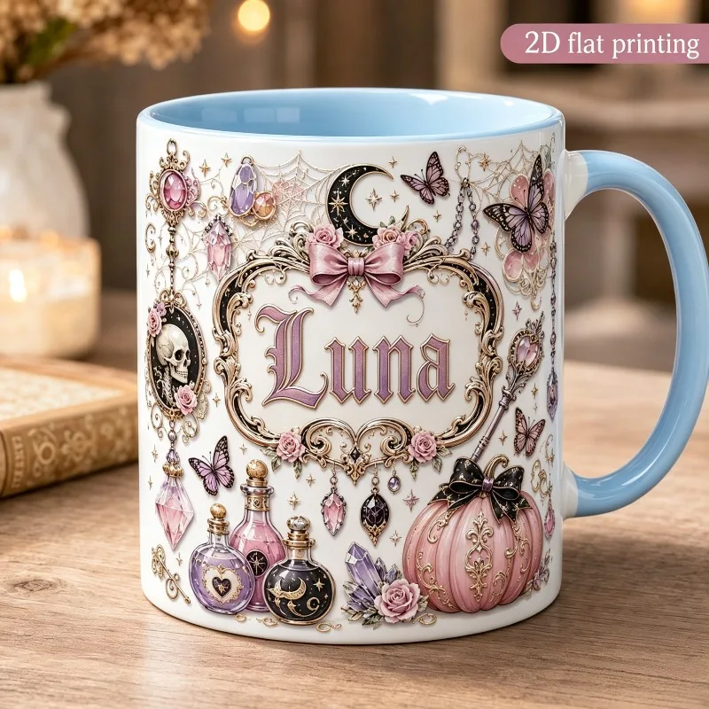 1pc 2D Print Pink Gold Sweet Cool Magic Custom Name Mug Butterfly Pumpkin Potion Bottle Skull Gothic Coffee Cup
