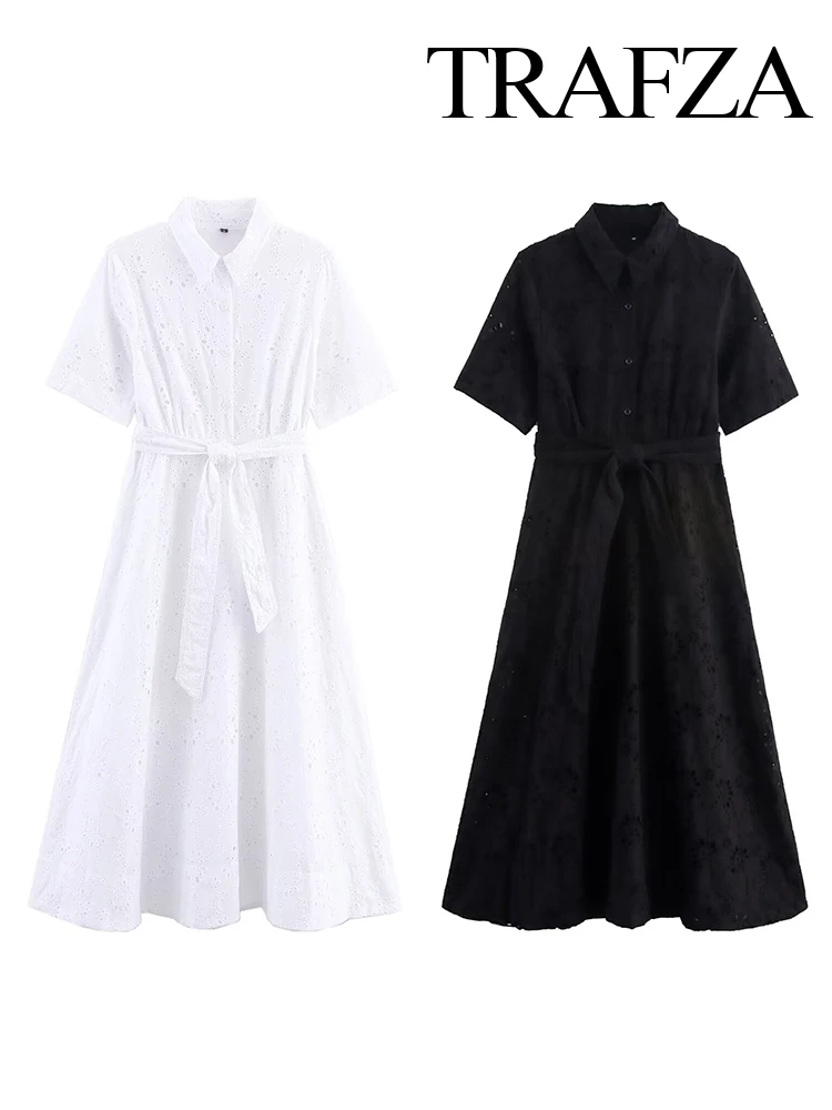 

TRAFZA Women Autumn Fashion Solid Single-Breasted Zipper Lapel Casual Midi Dress Female Belt Embroidery Hollow Out Design Dress