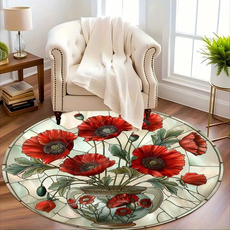 Graceful Red Poppy Flannel-printed round floor mats are slip-resistant Suitable for living room bedroom terrace garden carpets