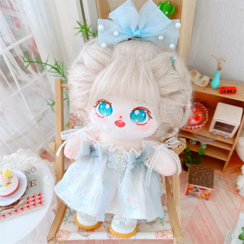 2Pc Blue Flower Bow Suit Idol peluche bambola di cotone accessorio per vestiti fai da te per 20cm Cartoon Soft farcito grasso corpo senza caratteristiche bambole