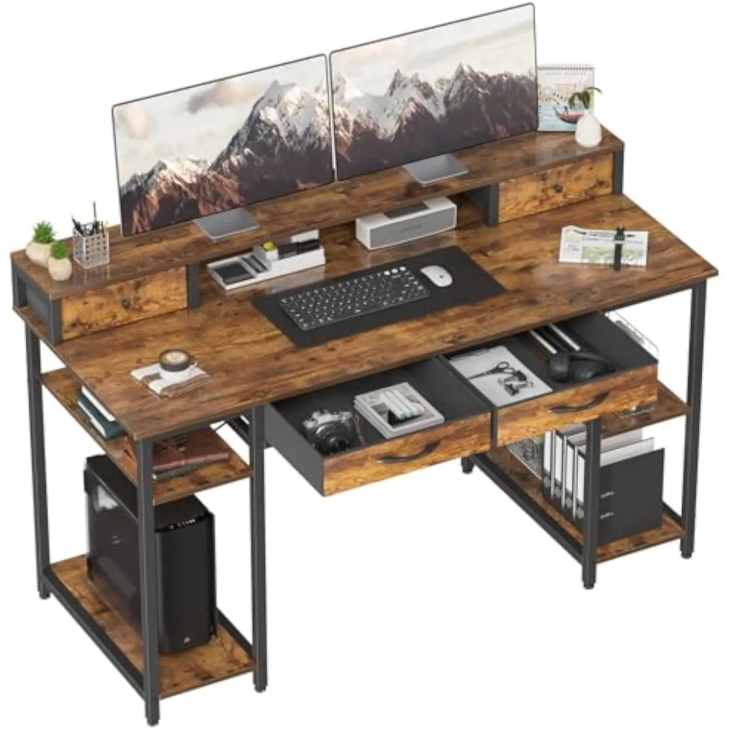 

Treesland Versatile Computer Desk, 55" Office Desk with Monitor Shelf, Dual Tiers Home Office Desk with 4 Drawers, Work Desk wi