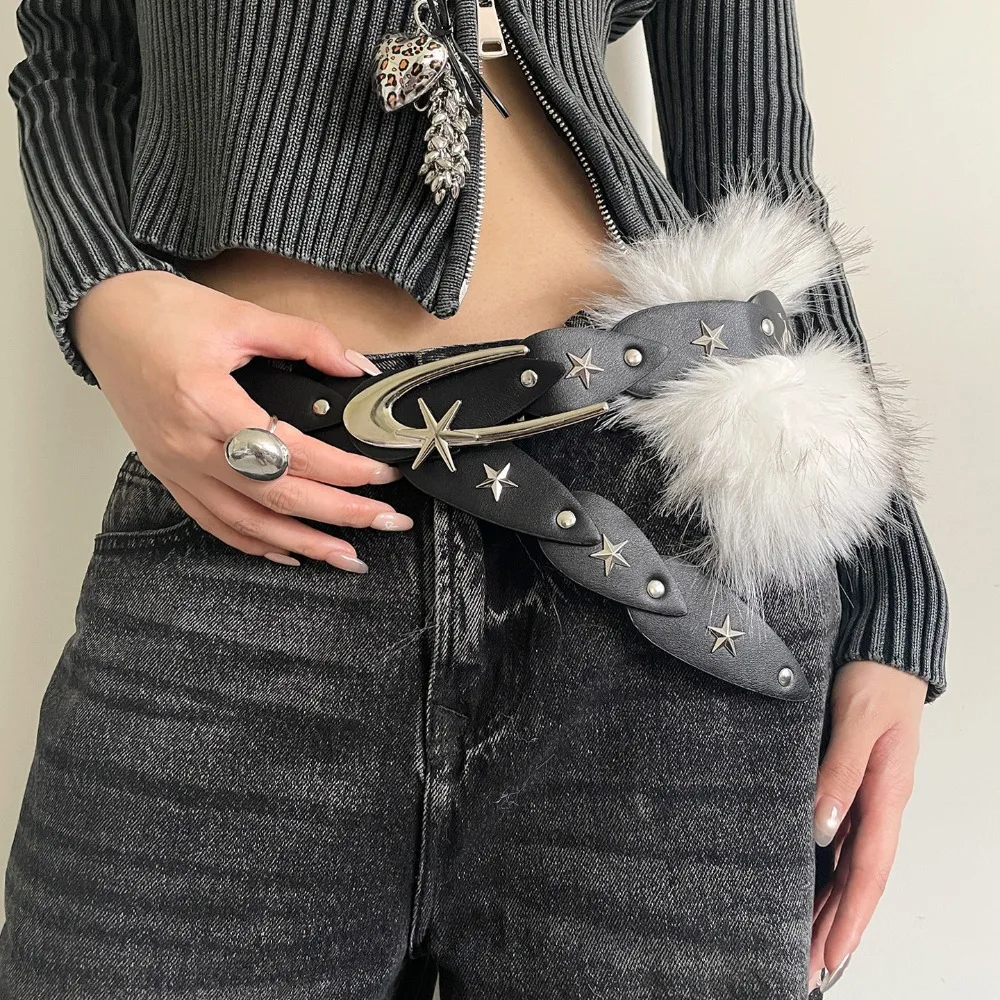 

Retro Trendy Design Faux Fur Belts Punk Y2K Furry Splicing Belt All-match Star Rivet Belt Women Fashion