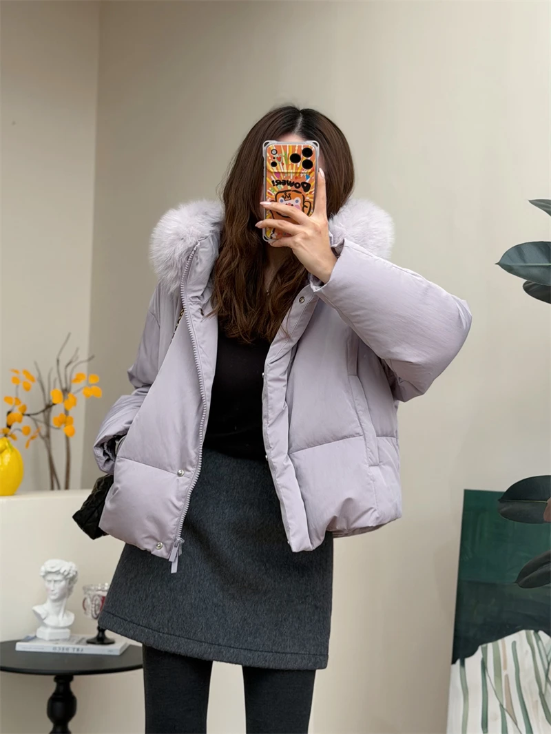 

Белая женская пуховая куртка-пуховик с капюшоном, утепленная, в корейском стиле, свободного кроя, из экологически чистых материалов