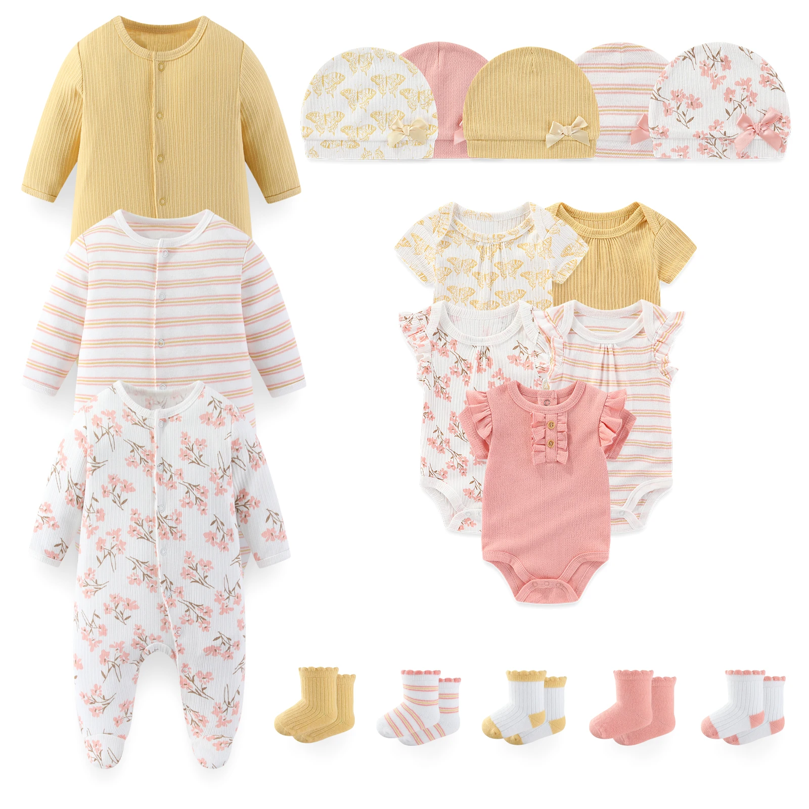 

18-Piece Cute Baby Clothing Set 0-12 Months Newborn Bodysuits+Rompers+Hats+Socks Suit Four Seasons Infant Boy Girl Outfits