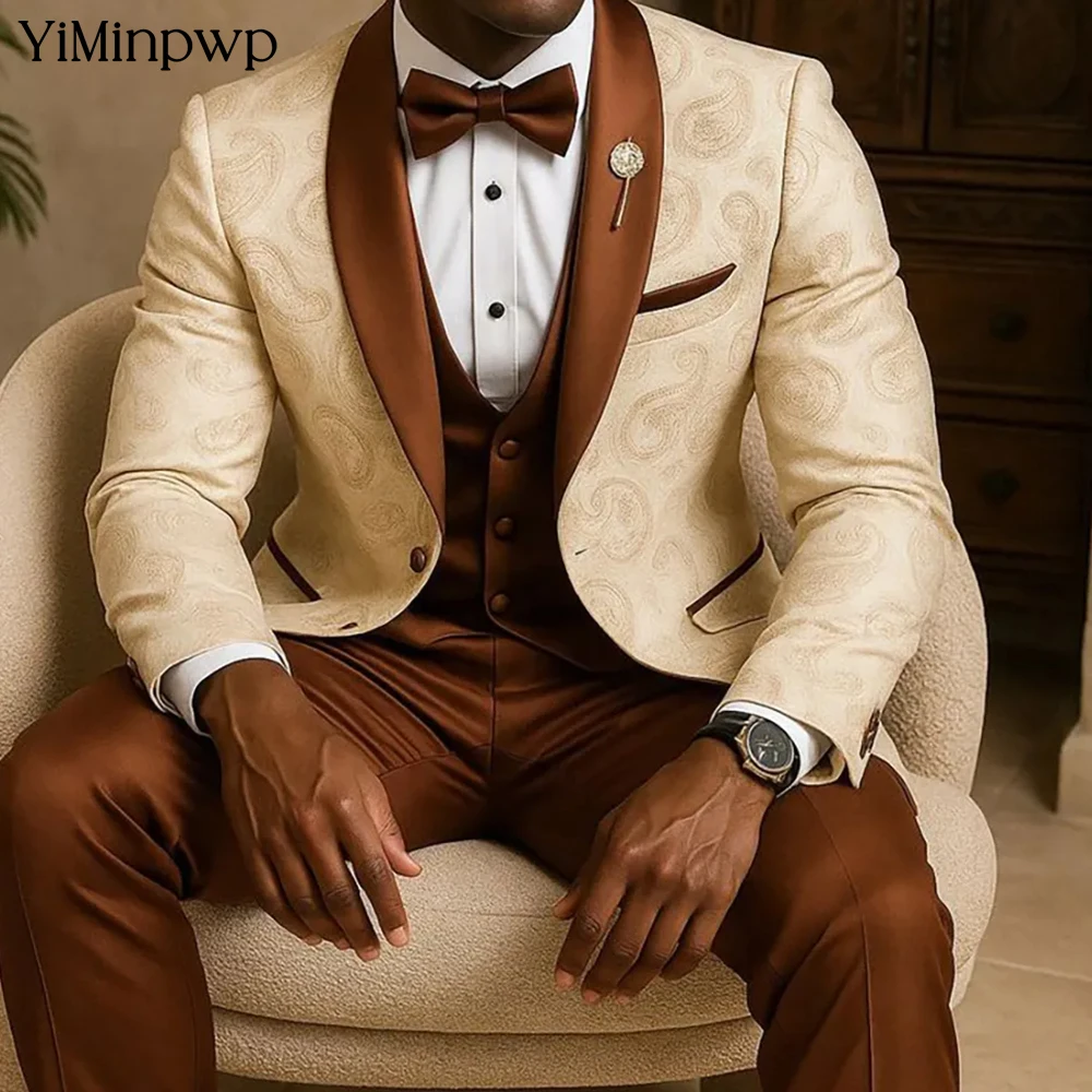 

YiMinpwp Premium Men's Suit 3 PCS Jacquard Paisley Velvet Shawl Lapel Blazer Pants Set for Wedding Groom Party Custom Tuxedo