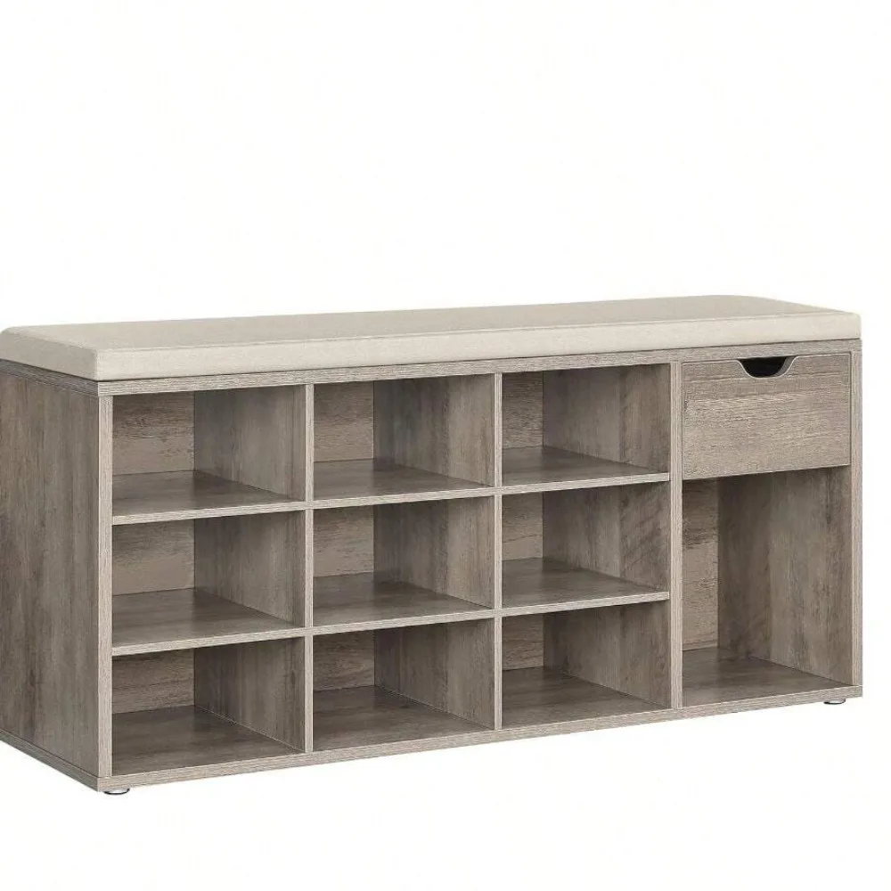 

Storage Bench, Entryway Bench With Cushion, Drawer And Open Compartments, Bench With Storage, For Living Room, Bedroom, Closet,