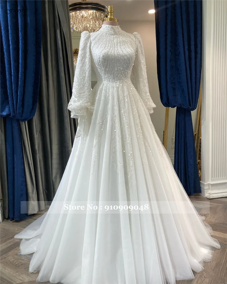 Funyue Luxury Long Sleeves Muslim Wedding Dresses Lace Beaded Dubai Arabic Bridal Gowns For Women Bride Robe De Mariée 2024