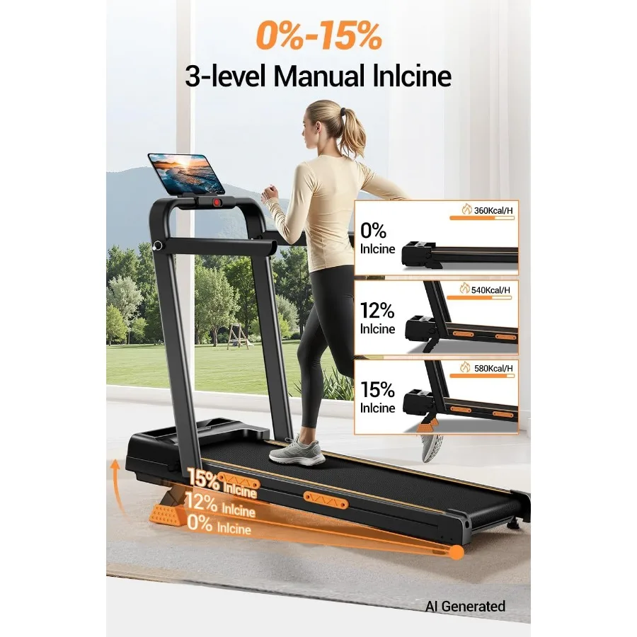 Walking Pad with 16 Incline for Home Use, Foldable Steel Frame, Black, Space-Saving Quiet Motor Design