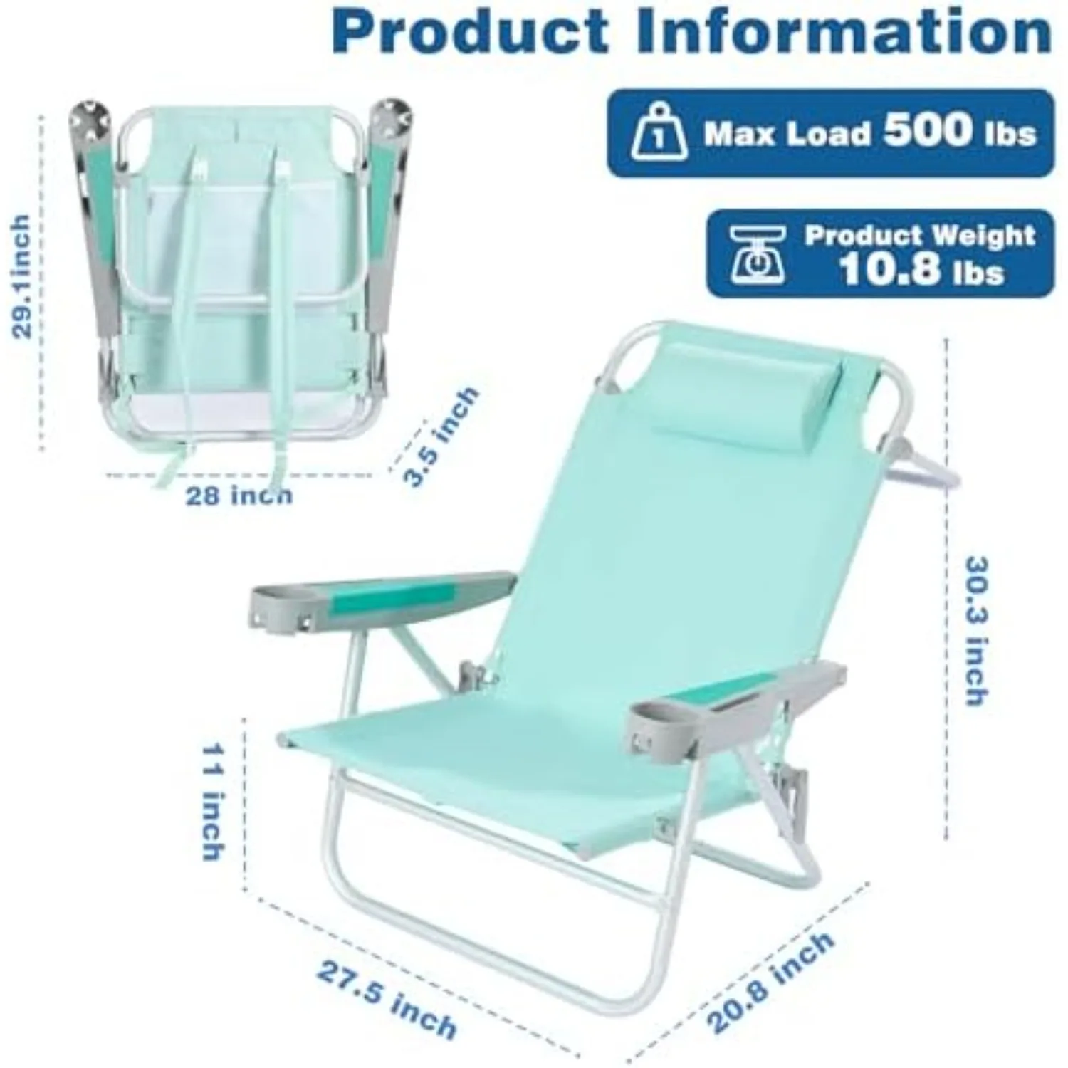 Extra Wide Low Beach Chair 2 Pack 5 Position Lay, XL Oversized Portable Folding Camping Chairs with Cup Holder for