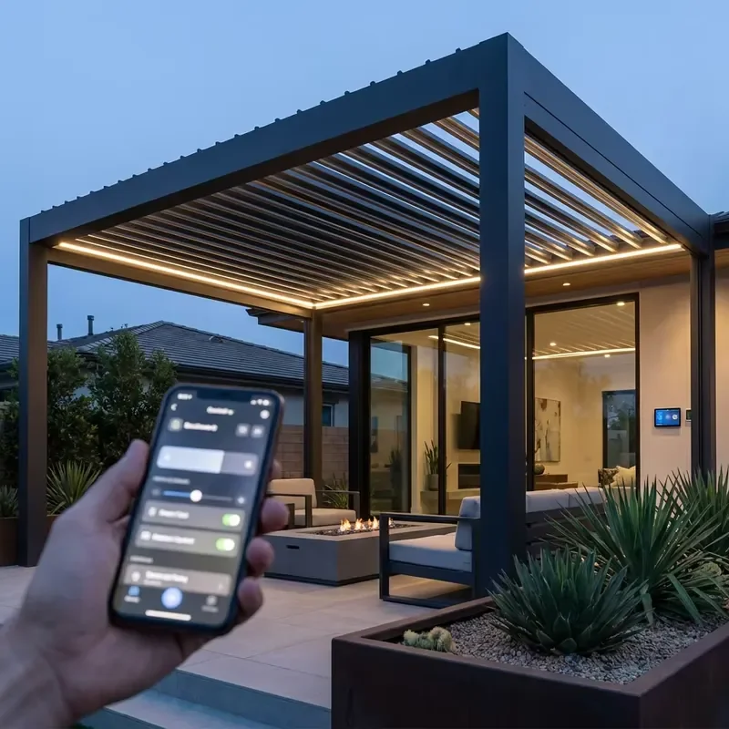 Modern Motorized Bioclimatic Aluminum Pergola Gazebo Waterproof Louvered Roof System Adjustable Smart Control Backyard Patio