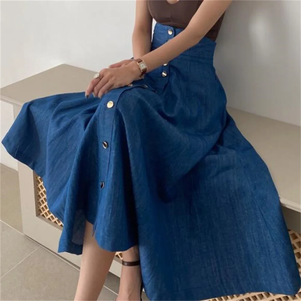 

Retro high waist denim skirt fashion single breasted aline casual fashion women ribbed maxi skirt long skirt