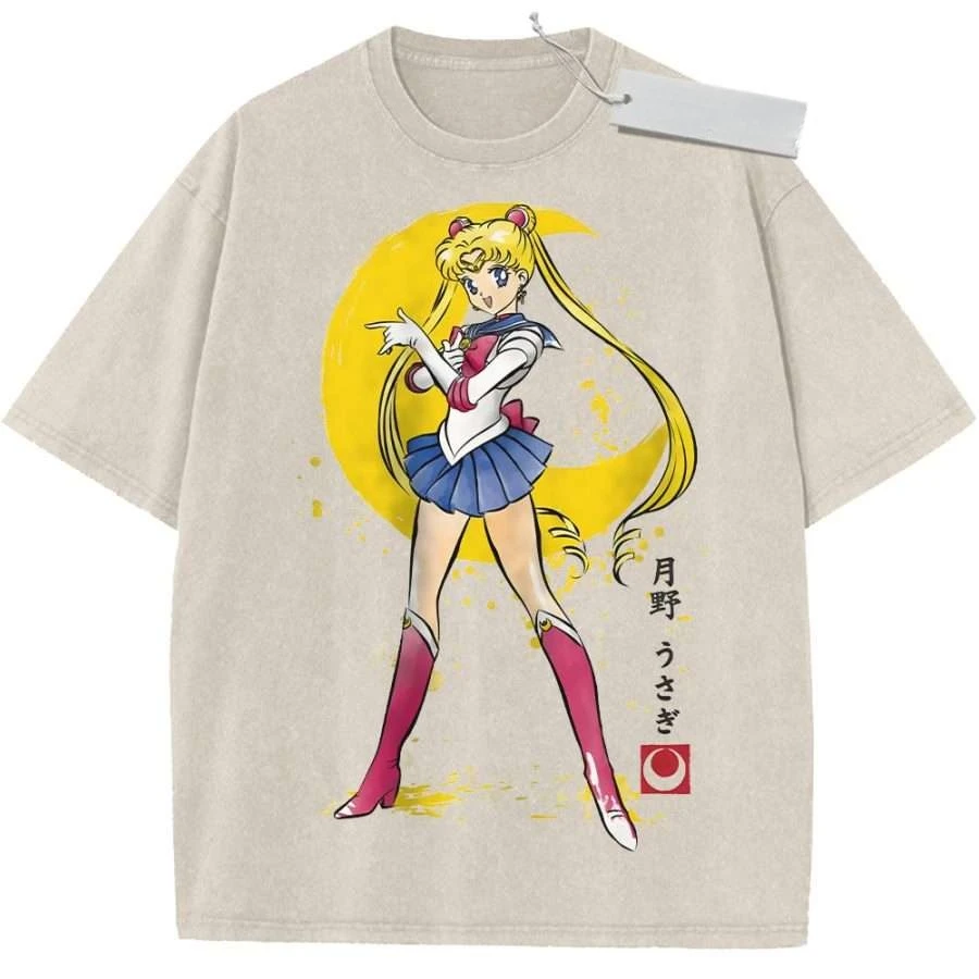 Camiseta Deportiva de Manga Corta, Color Beige, Unisex, 100% Algodón, Estilo Vintage, con Estampado del Personaje de Anime Sailor Moon