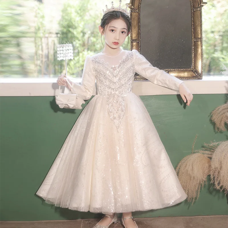 Champagne Color High-End Children's Evening Dress Light Luxury Niche Spring and Autumn Style Ten-Year-Old Girl Birthday Princess
