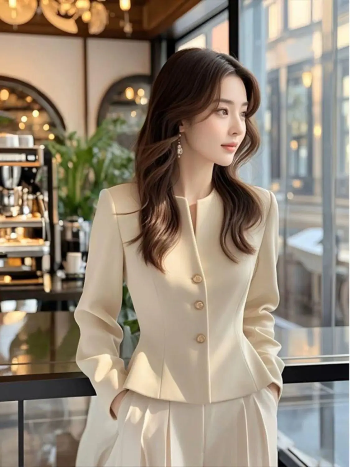 New High-end Small Fragrant Style Waist Pinching Top French Light Luxury High-end Temperament Socialite Apricot Shirt Jacket