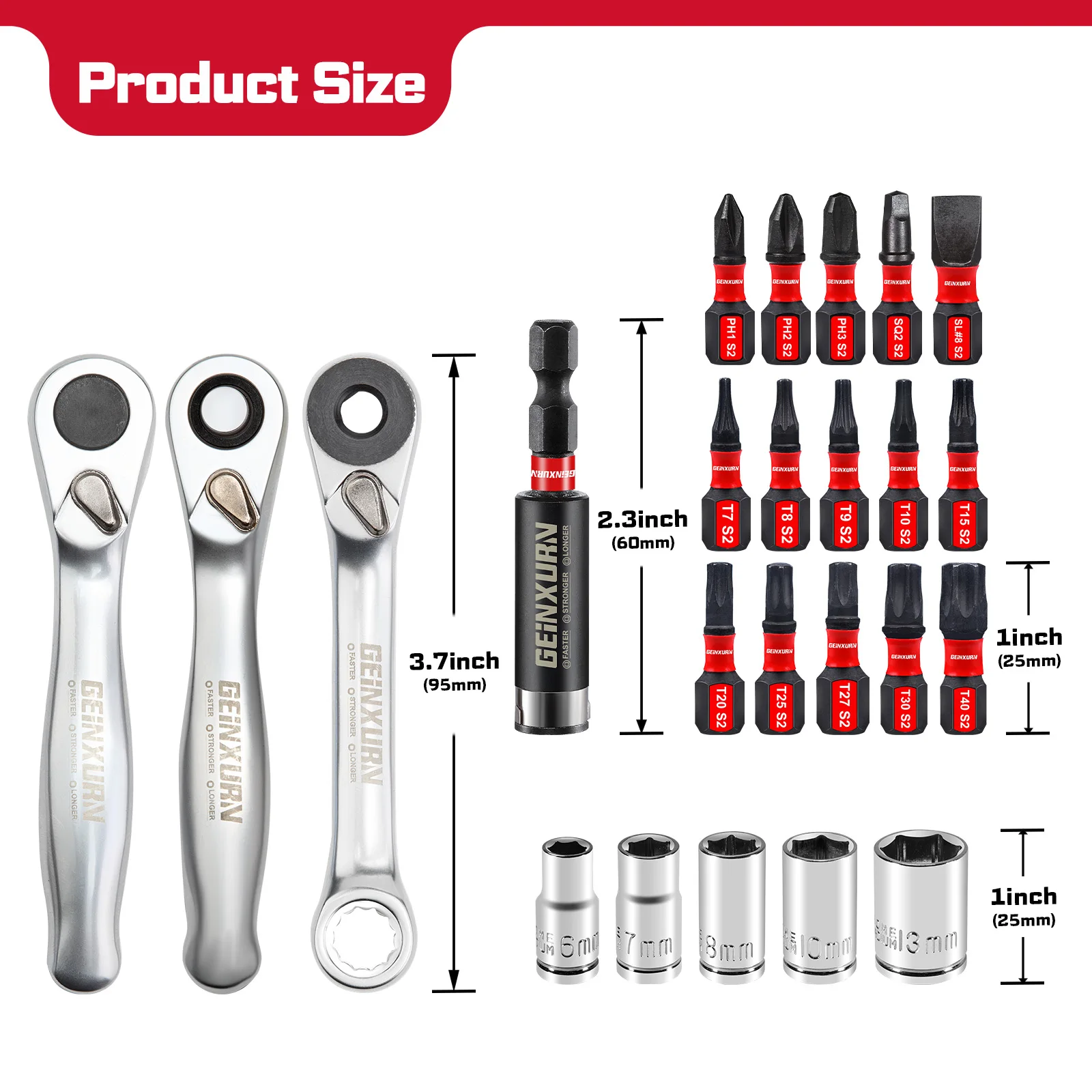 GEINXURN Mini Ratchet Wrench Socket Set 1/4 Drive Pocket Tool Kit Reversible Spanner S2 Screw Bits for Tight Spaces