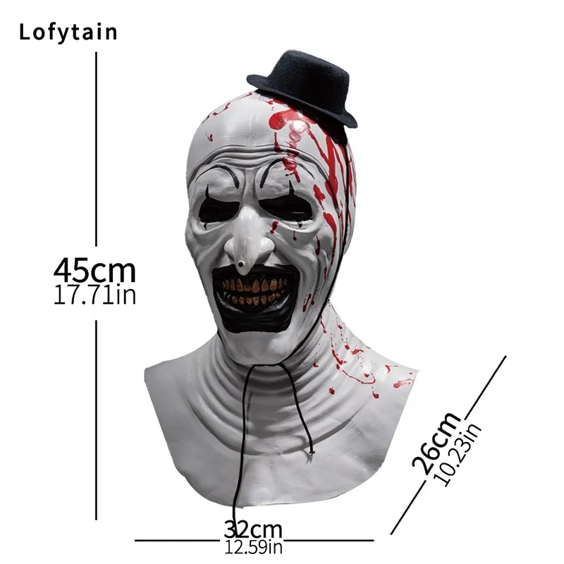 Lofytain Horror Terrifier Art The Clown Cosplay Mask, Creepy Bloody Demon Evil Joker Hat, Capacete de látex, Halloween Party Props