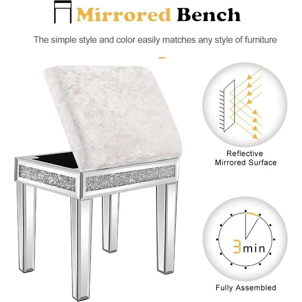 

Upholstered Velvet Ottoman, Mirrored Vanity Stool with Storage, Makeup Dressing Table Bench with Sparking Diamonds, Silver