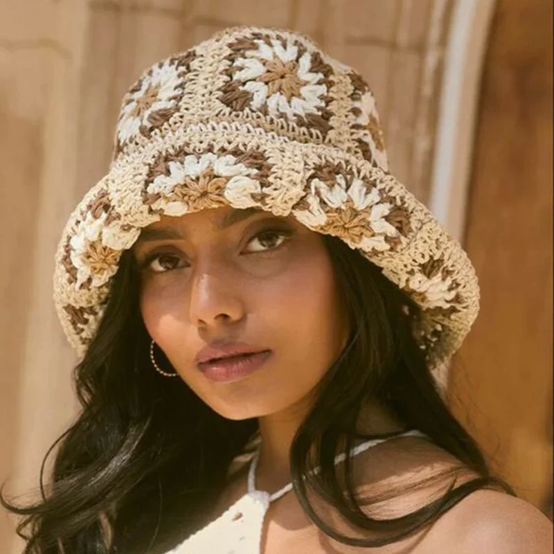 Japan Korea Crochet Sun Hat Women Summer Flowers Pure Hand Woven Straw Beach Hat Sunshade Fisherman Caps Breathable Bucket Hat