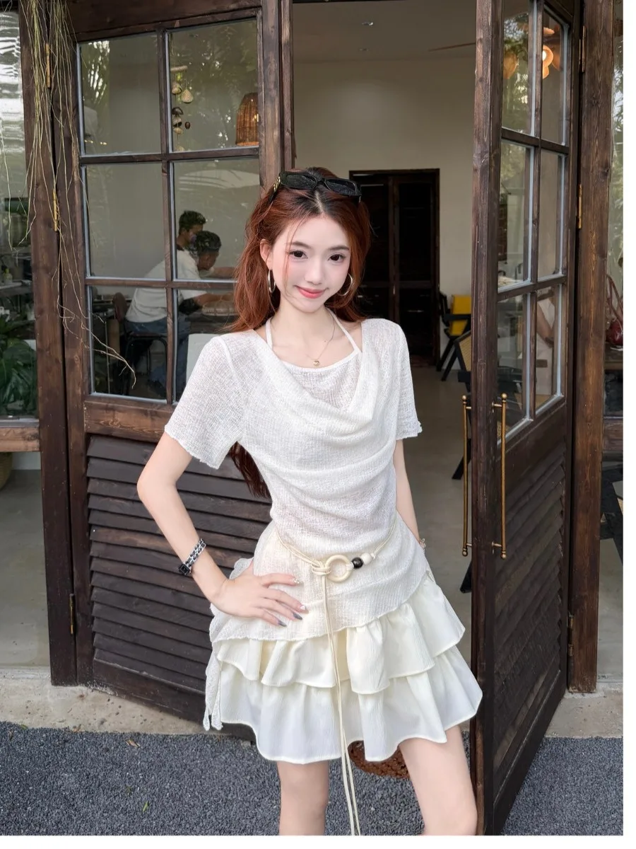 

plus Size Women's Gentle Style Short Sleeve Top And A-Line Skirt Two-Piece Set High Waist Summer Fashion Trend