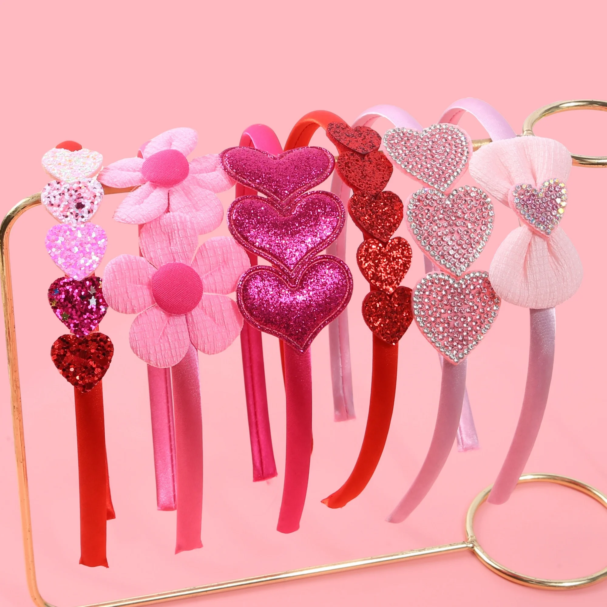 

6pcs Valentine's Day Crystal Heart Headbands for Girls Sweet Flower Hairbands Satin Headbands for Girls Party Hair Accessories