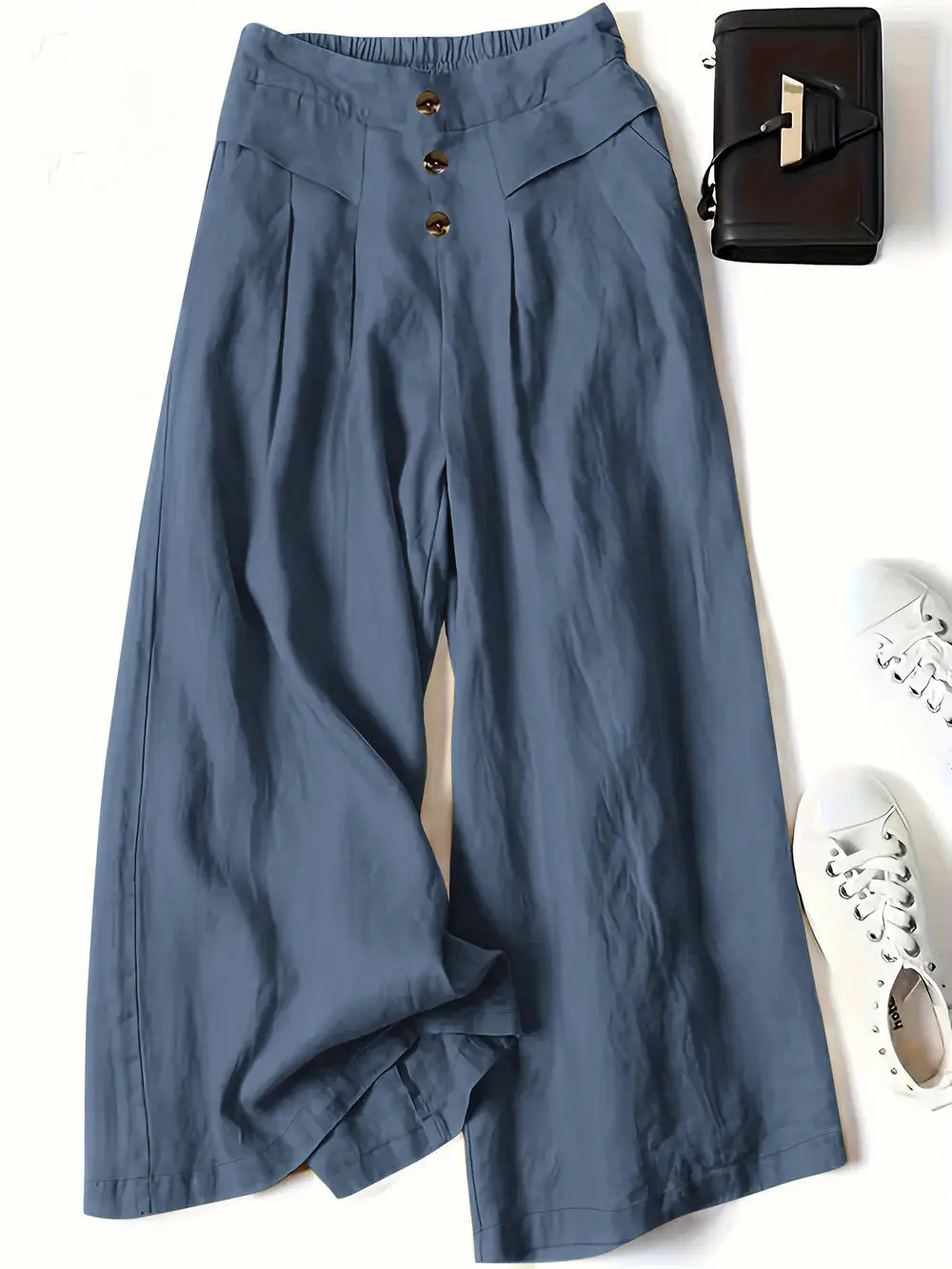 Solid Button Wide Leg Pants, Casual Loose Pants For Spring & Summer, Women's Clothing