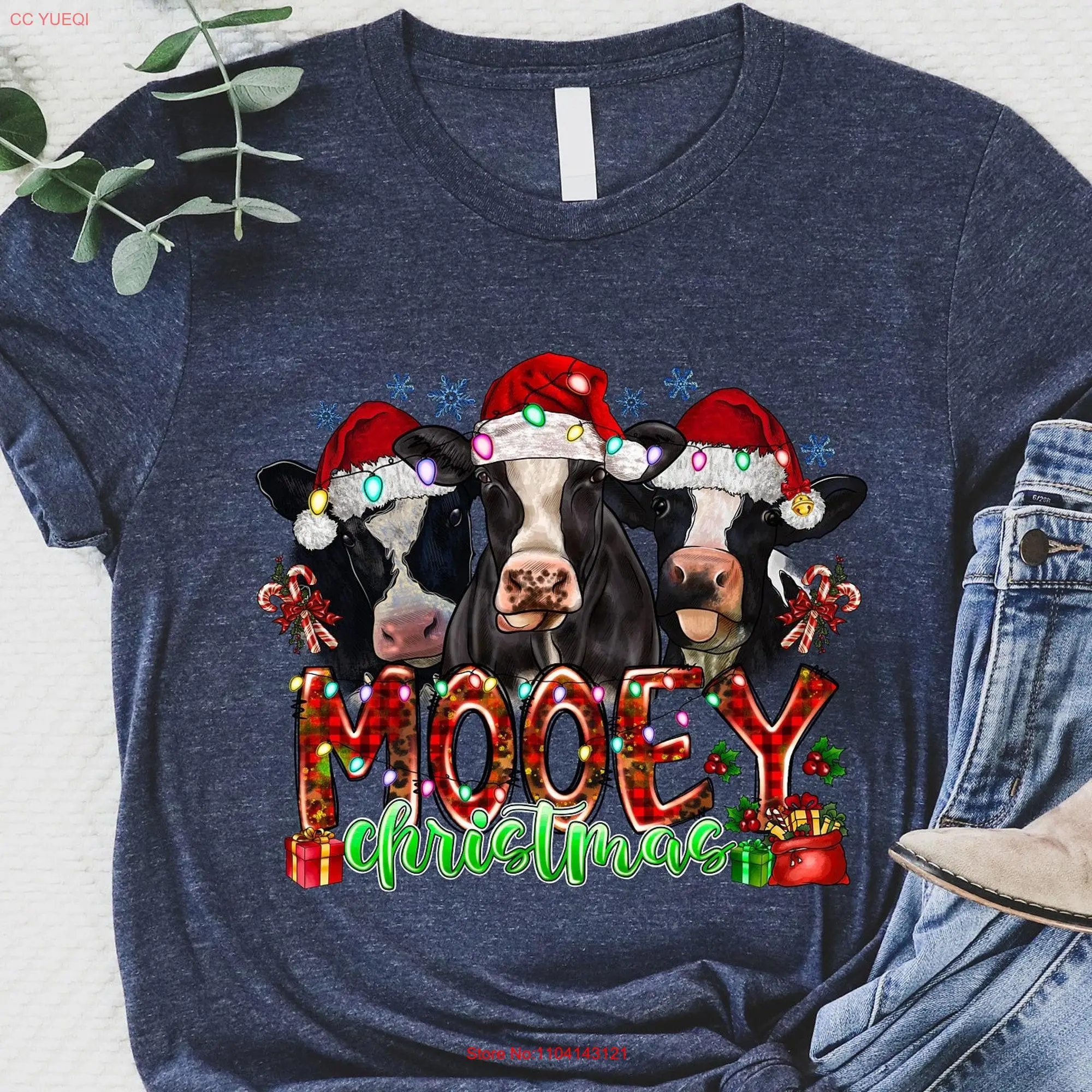 Mooey Christmas T Shirt Cute Cow Funny Farm Animal long or short sleeves