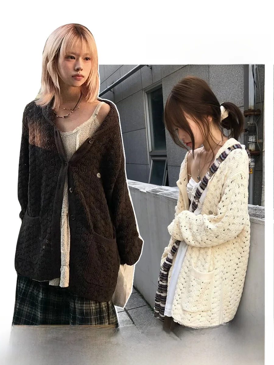 

Nana Coyseio Knitted Sweater Cardigan Loose Doll Collar Women's Hook Flower Cotton Long Sve Casual Sle Autumn Outerwear