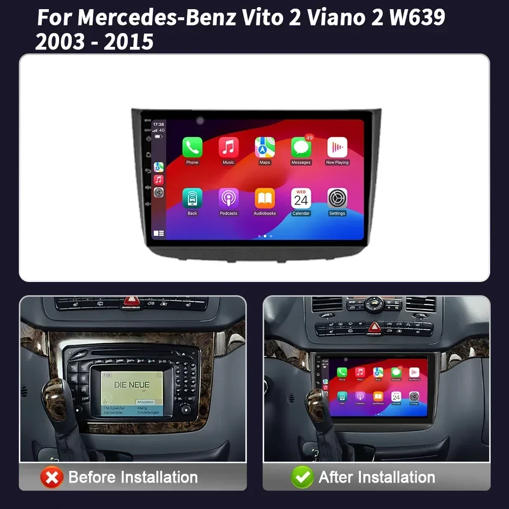 Car Radio Multimedia Player Navigation 2DIN Android Wireless CarPlay Screen 4G For Mercedes-Benz Vito 2 Viano 2 W639 2003-2015