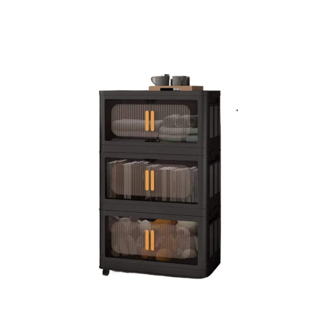 Plastic folding storage cabinet, 4-layer foldable storage box with magnetic doors and wheels, bedroom foldable closet, black -4 layers（