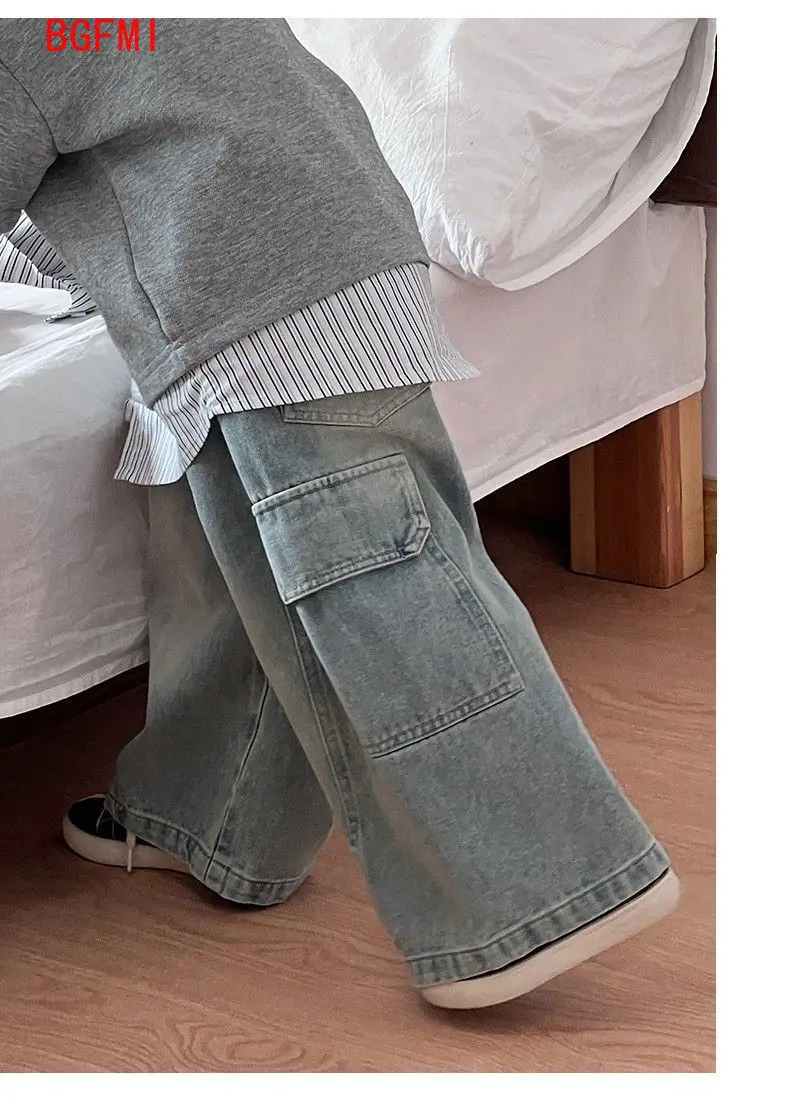 Korean Children's Jeans Loose Straight Pants Wide Leg Cargo Pants for Boys Girls New Spring Autumn Kid's Denim Pocket Trousers - Image 3